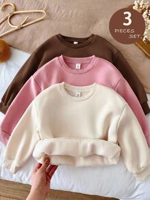 SHEIN LMoss Kids 女童 3 件組 針織純色圓領寬鬆休閒秋冬衛衣套裝 - 彩色 - 查看 1