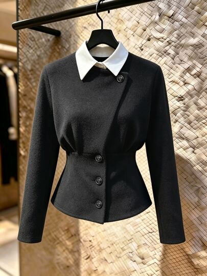 Everyssa Dámská bunda shacket ve francouzském elegantním stylu s falešným límcem, jednoradové zapínání, dlouhé rukávy, slim fit pas, kontrastní límec, pohodlný dralonový materiál, vhodná do kanceláře, na schůzky s klienty, ležérní obchodní setkání, návštěvy obchodů, rande a krátké výlety