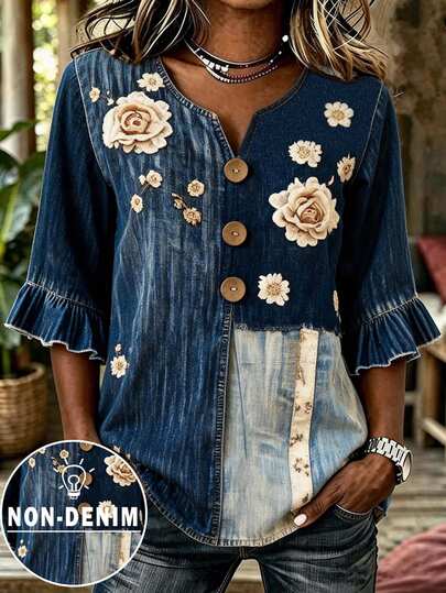 Breezaya Reverse Tide V-Neck Button Decor Mid-Sleeve Blouse