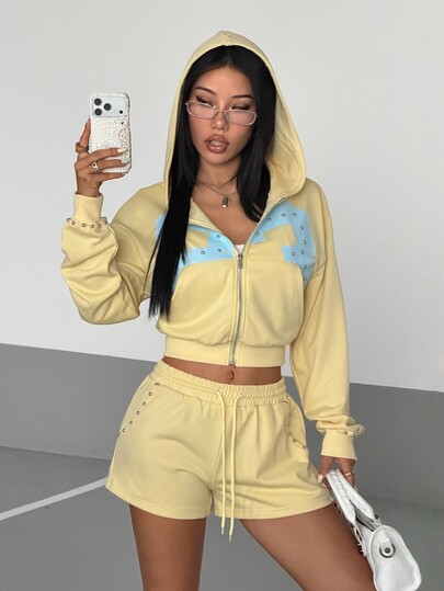 StreetHx Damen Herbst/Winter Y2K Lässig bedrucktes Design Metallnieten Streetwear 2-teiliges Set