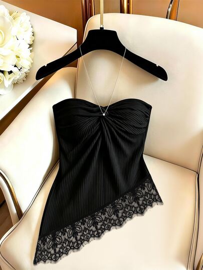 SHEIN Top de tubo elegante de encaje con dobladillo asimétrico y detalle de torsión para mujer, top negro, top de encaje, top de tubo, top con torsión, top casual, top elegante, ropa de trabajo para mujer, atuendo de oficina, top social/top de oficina, atuendo de playa para mujer, top de verano, top de oficina