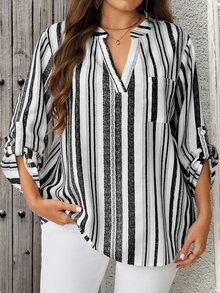 EMERY ROSE Plus Size Casual Striped Shirt, Autumn Fall - Black and White - View 4