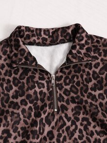 SHEIN 青少年女孩秋冬抓絨衣，復古可愛棕色豹紋半拉鍊立領長袖寬鬆大碼運動衫，Y2K復古風，灰色派對穿搭 - 棕色 - 查看 4