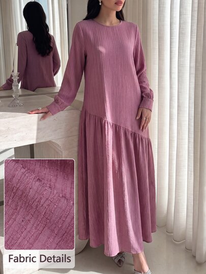 Al Najma Purple Textured Fabric Round Neck Long Arabian Dress Saudi National Day Purple Dress Autumn Casual Vacation National Day Going Out Baggy
