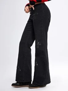 ROMWE Grunge Punk Indie Sleaze Hedi Youth Punk Cross PU Patch Embroidery Skinny Straight Leg Jeans For Women - Black - View 5