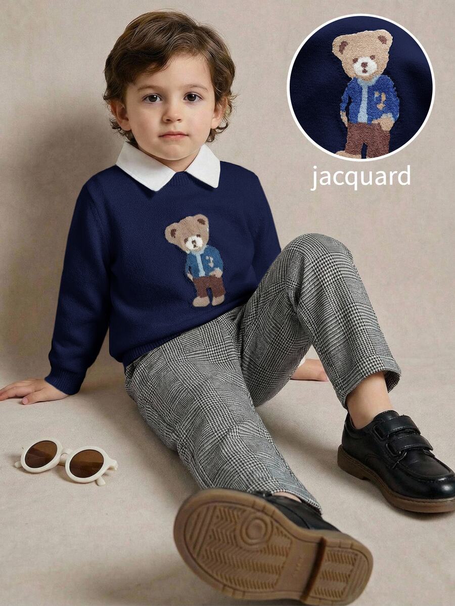 PrepCrw Young Boy Autumn/Winter Casual Kids Bear Jacquard Sweater - Navy Blue - View 1