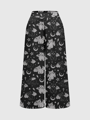 Dunkle Gothic Mysteriöse Katzenmuster Damen Weite Hose