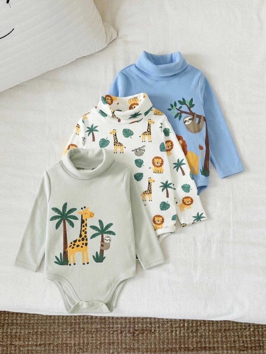 Baby Boy Plant & Floral Pattern Knitted Soft Round Neck Long Sleeve Bodysuit 3 Pieces Set, Versatile & Comfortable - Multicolor - View 1