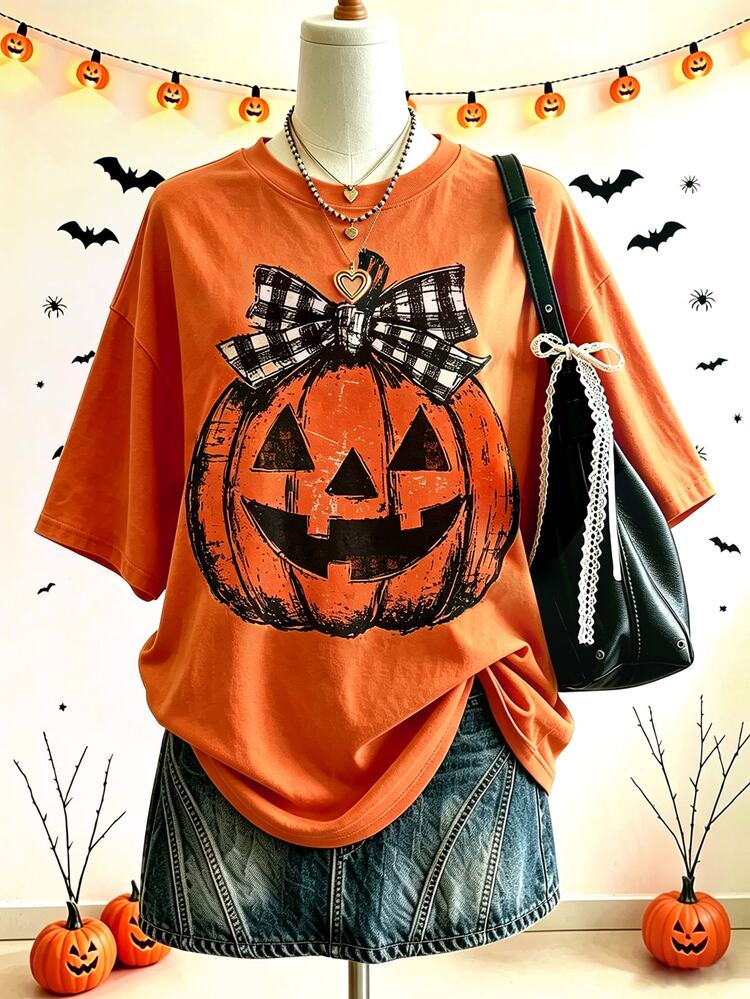 Lalippa Women's Oversized Halloween Pumpkin Graphic T-Shirt, Vintage Spooky Season Plaid Bow Print Tee, Loose Casual Crew Neck Short Sleeve Top - Orange - View 1