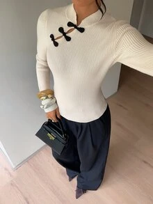 Siren Gaze Women's Chinese Style Fitted Long Sleeve Sweater With Frog Button Design - White - View 3