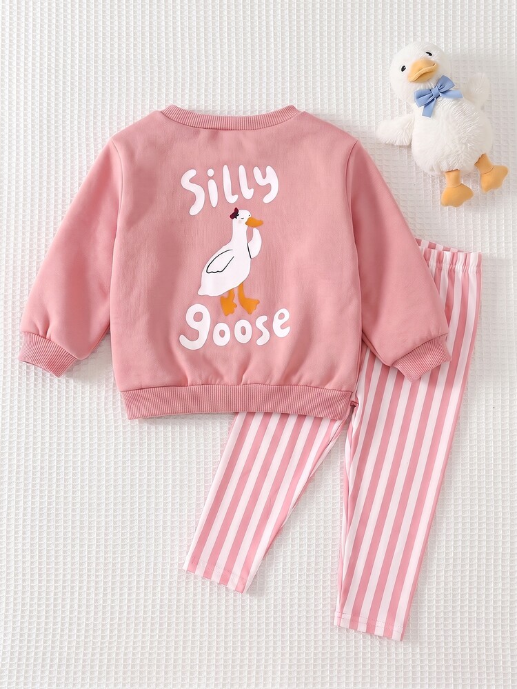 SHEIN Baby Girl Cartoon Letter Print Sweatshirt & Striped Long Pants Set - Pink - View 11