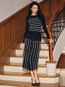 Anewsta Women's Autumn Striped Button Pullover Knit Top + Skirt Set, Casual Commute 2-Piece Outfit - Navy Blue - View 5