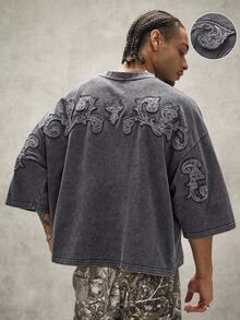PAVTROS Men's Vintage Street Embroidery T-Shirt For Daily Wear - Dark Grey - View 1