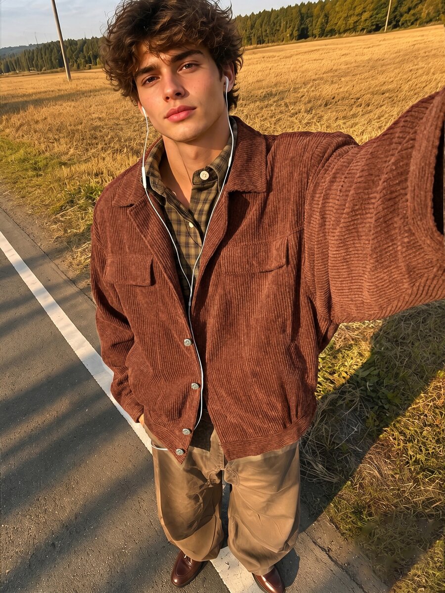 Casual Workwear Retro Corduroy Ribbed Pocket Flap Metal Button Turn-Down Collar Long Sleeve Loose Fit Men's Jacket And Coat - Brown - View 1