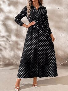SHEIN Clasi 女款溫柔波點印花長袖度假洋裝 - 黑與白 - 查看 10