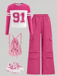 1 Set Street Style Digital Number 91 Print Girls Big Kids Fuchsia Long Sleeve Slim Fit Top And Fuchsia Straight Leg Pants Set, Fuchsia Cargo Pants, Suitable For Autumn/Winter, Fashion Casual - Multicolor - View 2