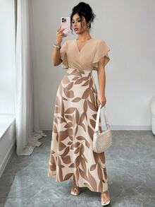 Elenzga 大尺碼女款休閒度假優雅成熟風 V 領交叉裹身上衣搭配高腰收腰連身裙 2 合 1 套裝 - 彩色 - 查看 6