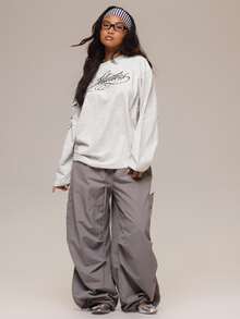 MUSERA 白色圖形 Logo 細節長袖上衣 冬季休閒日常舒適穿搭 女款酷白色上衣 - 淺灰色 - 查看 2