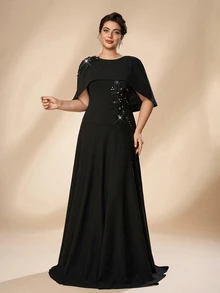 Serin Plus Size Elegant Romantic Glamorous Black Applique Design Shawl Fitted Patchwork Ruched A-Line Wedding Event Mother Dress Evening Party Ball Music Festival Formal Gown - Black - View 3