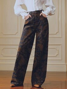 Anewsta Women's New Fashion Casual Flocked Jacquard Coffee Brown Jeans Straight Leg Pants - Coffee Brown - View 5