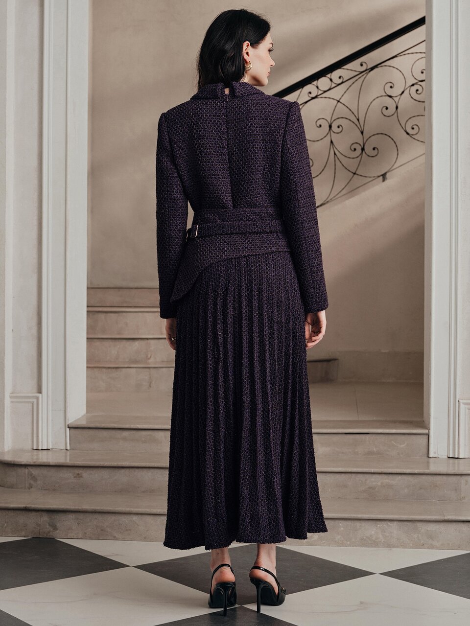 Women's Elegant Modern Heavy-Duty Tweed Purple Woody Scent Pleated Dress