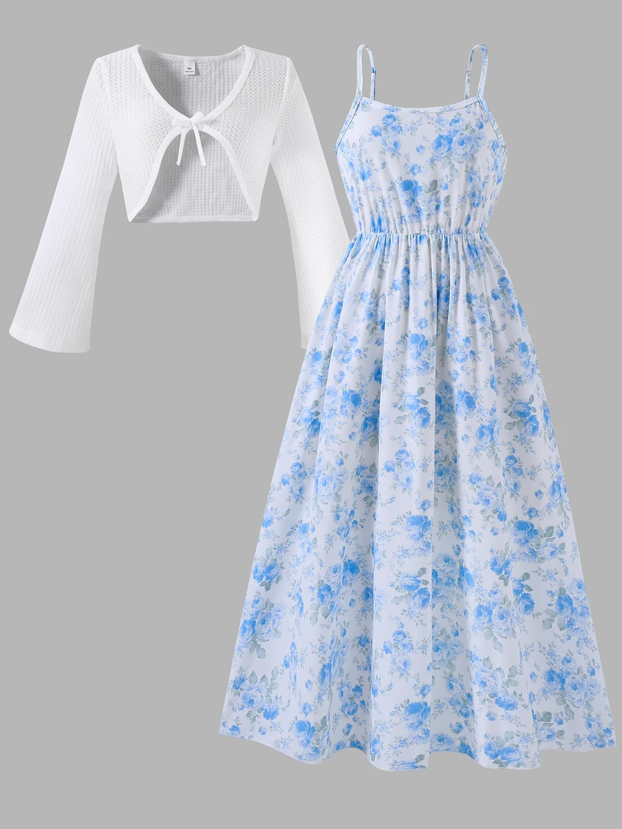 2pcs/Set Tween Girls Autumn New Elegant Cute Knit Waffle Long Sleeve Open Front Top And Woven White Blue And White Cami Dress Casual Holiday Vacation - Baby Blue - View 1