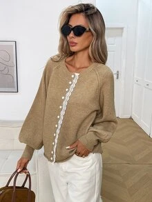 Elyressa French Gentle Soft Round Neck Khaki Single-Breasted Lace Trim Design Raglan Lantern Puff Long Sleeve Sweet Style Versatile Cardigan Sweater Jacket Women's Autumn/Winter Outfit - Khaki - View 6