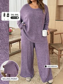 SHEIN CURVE+ 2pcs Plus Size Solid Color Ribbed Crew Neck Long Sleeve Top And Pants Set Fall - Purple - View 1