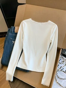 GlowEve Fall Clothes FOR WomenWomen's Minimalist Lace Patchwork Long Sleeve Elegant T-Shirt - White - View 2