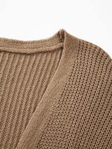 SHEIN Ribbed Knit Petal Sleeve Patch Pocket Long Cardigan Coat - Brown - View 5