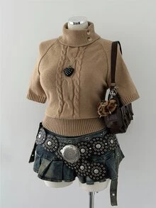 Sunspun Sweater Rajut Wanita Ukuran Besar Lengan Pendek Kerah Tinggi - Unta - View 5