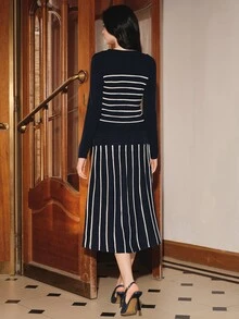 Anewsta Women's Autumn Striped Button Pullover Knit Top + Skirt Set, Casual Commute 2-Piece Outfit - Navy Blue - View 7