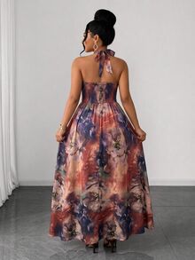 Reflora Plus Size Floral Print Sexy Front Slit Dress - Brown - View 2