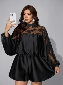 Viva Relle Plus Size Women's Lace Patchwork Ruffle Romper Fall - Black - View 1