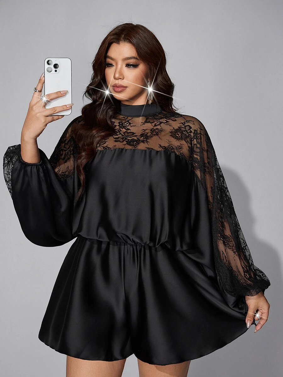Viva Relle Plus Size Women's Lace Patchwork Ruffle Romper Fall - Black - View 1