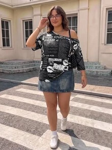 SHEIN CURVE+ 休閒簡約純色大尺碼女款T恤，適合春夏穿著 - 黑與白 - 查看 4