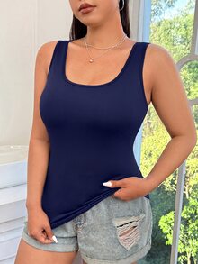 SHEIN EZwear Plus Size Fitted Solid Color Minimalist Versatile Tank Top For Daily Wear - Navy Blue - View 4