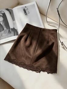 Trelyra Women High Waist Ruched Suede Mini Skirt With Lace Trim Fall Winter Brown Elegant Skirt For Party Going Out Wear Renaissance Outfit Country Style - Brown - View 3