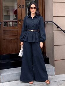 Solavon Women's Button-Up Pleated Long Sleeve Shirt And Loose Long Pants 2 Pieces Set - Navy Blue - View 7