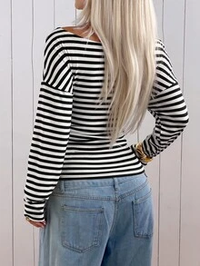 SHEIN EZwear 女款條紋長袖休閒針織露肩修身T恤 - 黑與白 - 查看 2