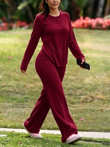 INAWLY Solva Setelan 2 Potong Wanita Minimalis Warna Polos, Kaos Lengan Panjang dan Celana Panjang untuk Pemakaian Sehari-hari - Burgundy - View 5