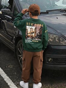 2件組青少年男孩時尚圓領衛衣與工裝褲套裝，酷炫滿版英文標語印花，校園休閒秋季街頭風，深綠色與棕色 - 彩色 - 查看 3