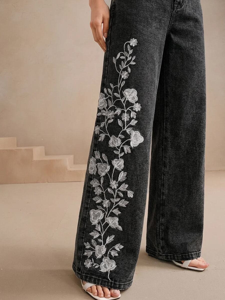 Anewsta 春節度假穿搭 都市現代優雅花卉刺繡重工女款長褲 情人節新年套裝 - 深灰色 - 查看 1