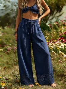 Breezaya Plus Size Women Bohemian Lace Trim Wide Leg Pants, Elastic Drawstring Paperbag Waist Lightweight Linen‑Textured Casual Vacation Daily Long Pants - Multicolor - View 3