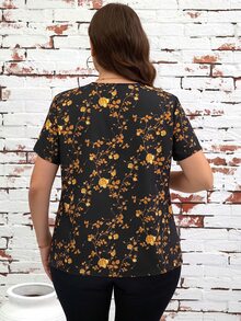 Reflora Plus Size Fashion Floral Print Short Sleeve Shirt For Vacation - Orange - View 2