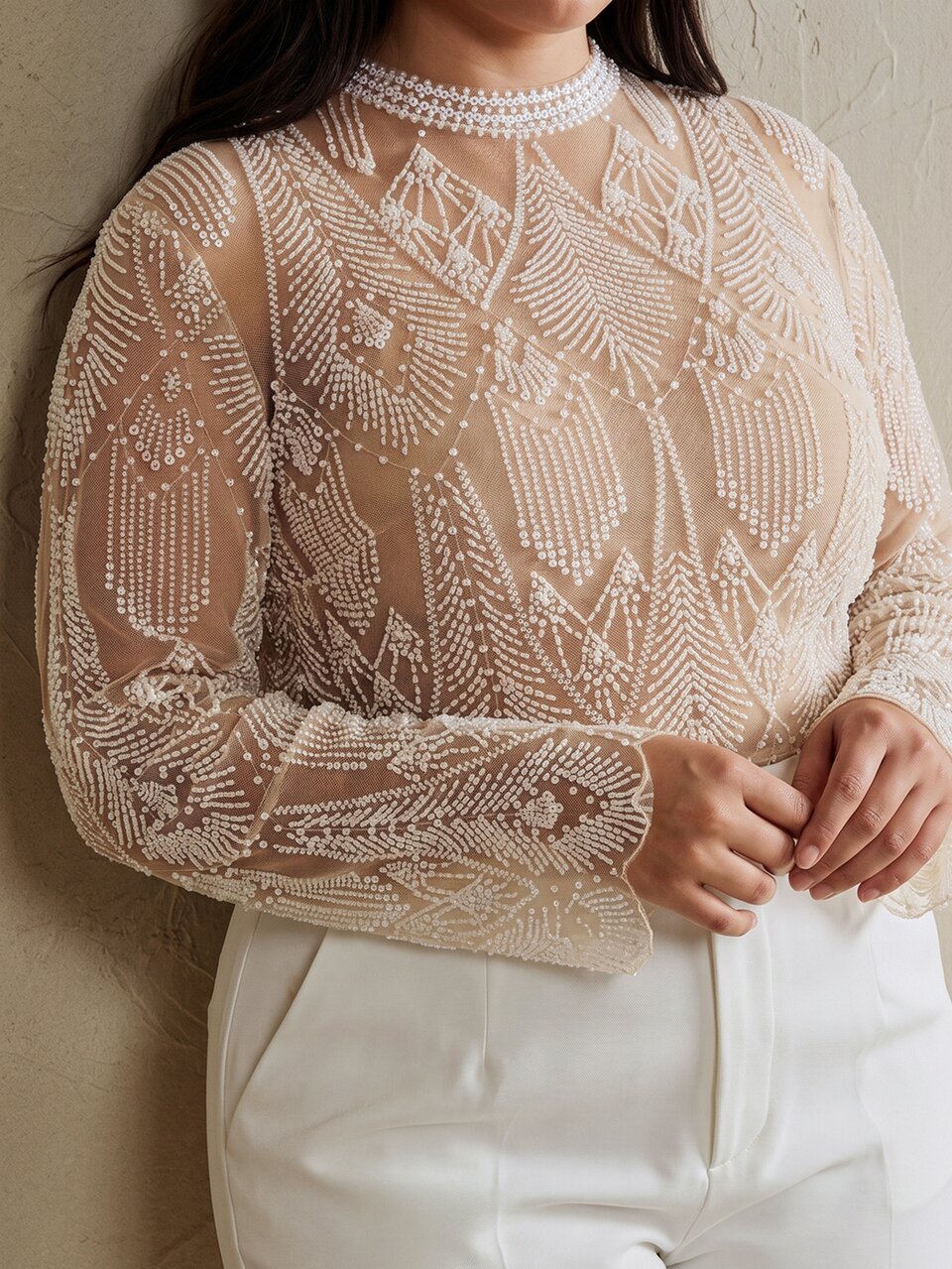 Women's Apricot Plus Size New Fashion Modern Style Embroidered Beaded Party Cocktail Long Sleeve Top