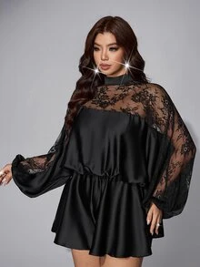 Viva Relle Plus Size Women's Lace Patchwork Ruffle Romper Fall - Black - View 6