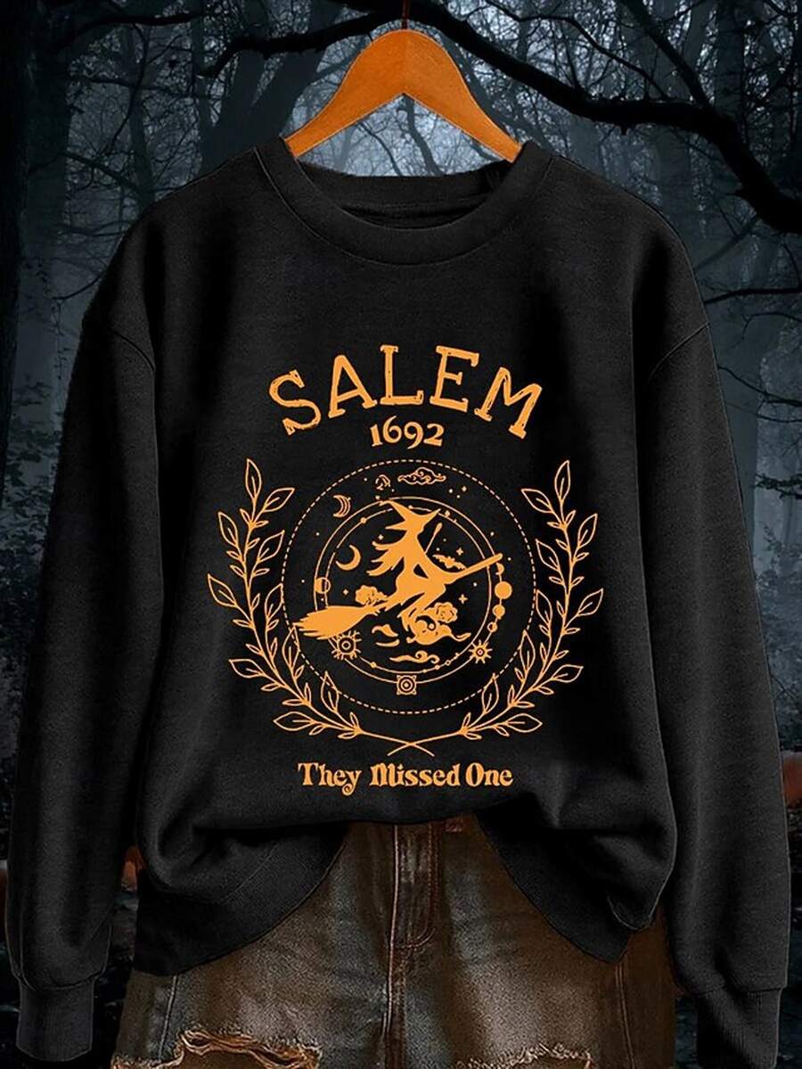 EMERY ROSE 萬聖節驚悚季節女款圓領衛衣,Salem 1692 They Missed One Witch 月亮圖案長袖休閒秋季套頭衫 - 黑色 - 查看 1