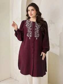SHEIN CURVE+ Kemeja Wanita Ukuran Besar Motif Bordir Bunga Kasual Elegan untuk Pemakaian Sehari-hari, Musim Gugur, Formal, Pesta Malam, Warna Burgundy - Burgundy - View 7