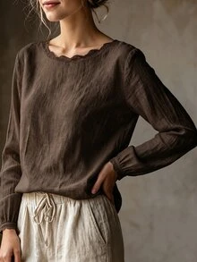 SHEIN Women's Casual Elegant Light Linen Color Round Neck Lace Trim Minimalist Commute Versatile Daily Blouse - Brown - View 6